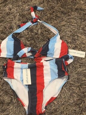 Social Angel Bikini Set Red White Blue Stripe Two Piece Swim NWT